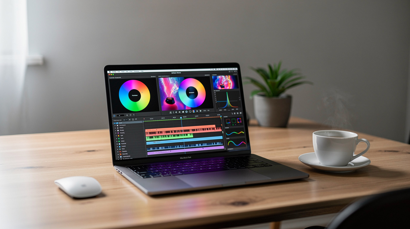 Laptop showing video color grading software on a desk