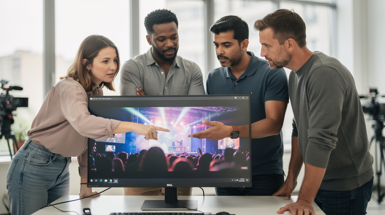 Diverse team of event media producers reviewing footage on a monitor