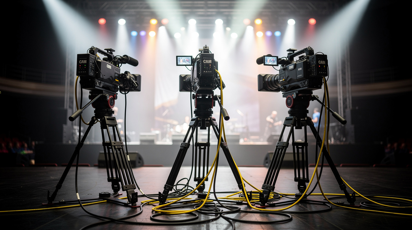Row of professional video cameras on tripods facing a stage