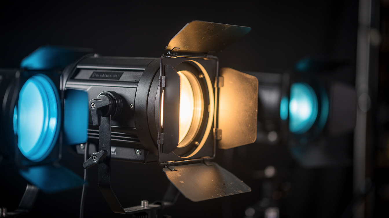 Close up of stage lighting fixtures with colorful gels