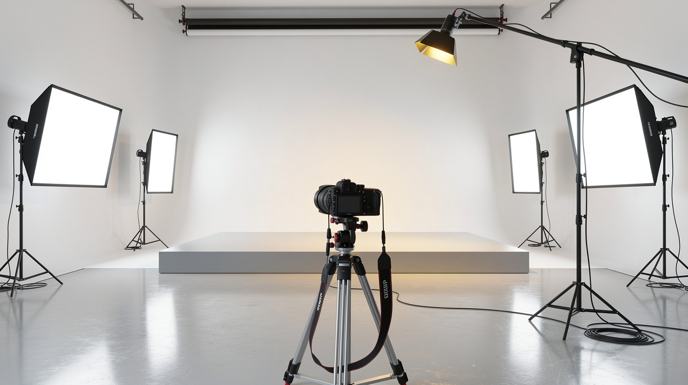 Photographer adjusting a softbox light in a bright event studio