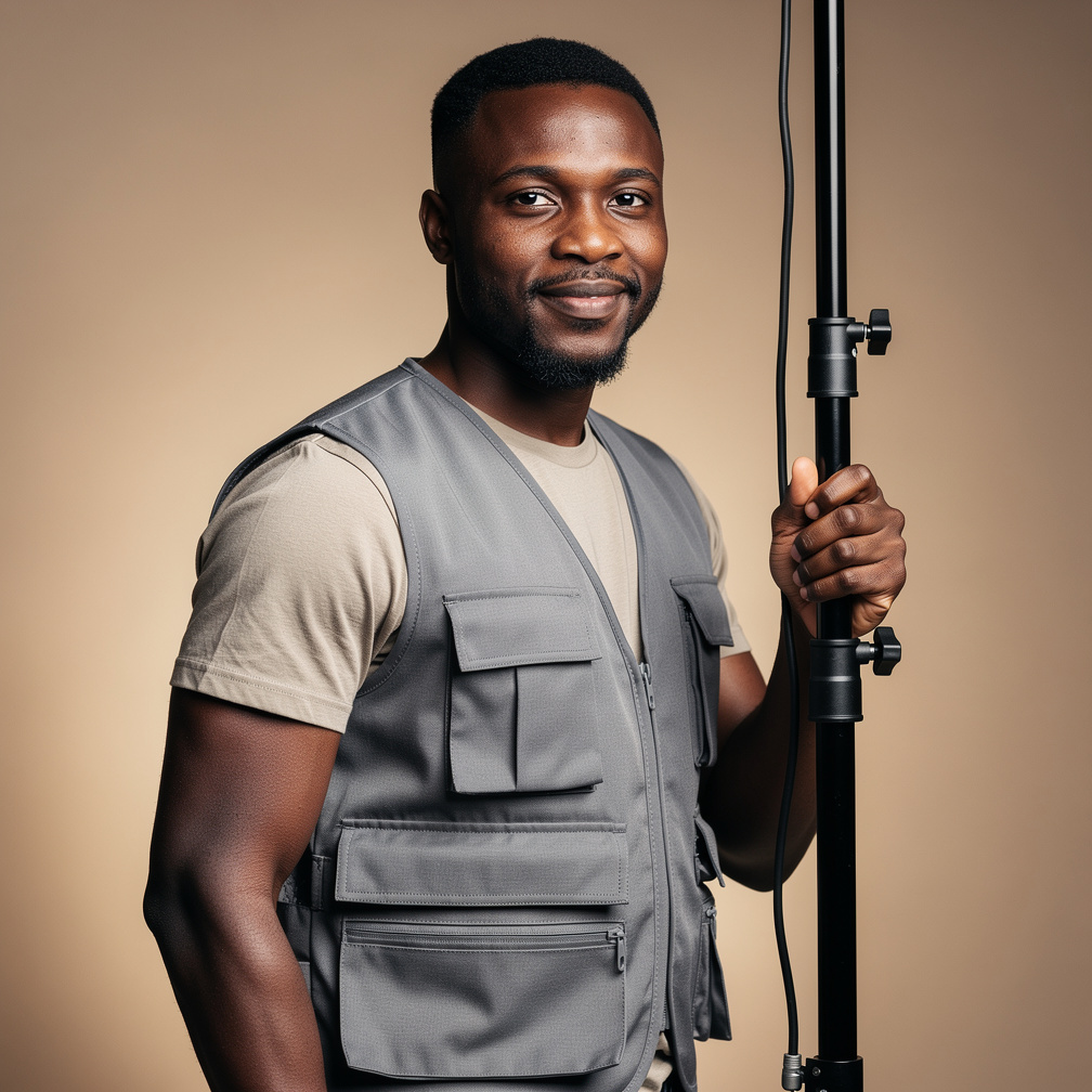 Portrait of a studio gaffer holding a light stand