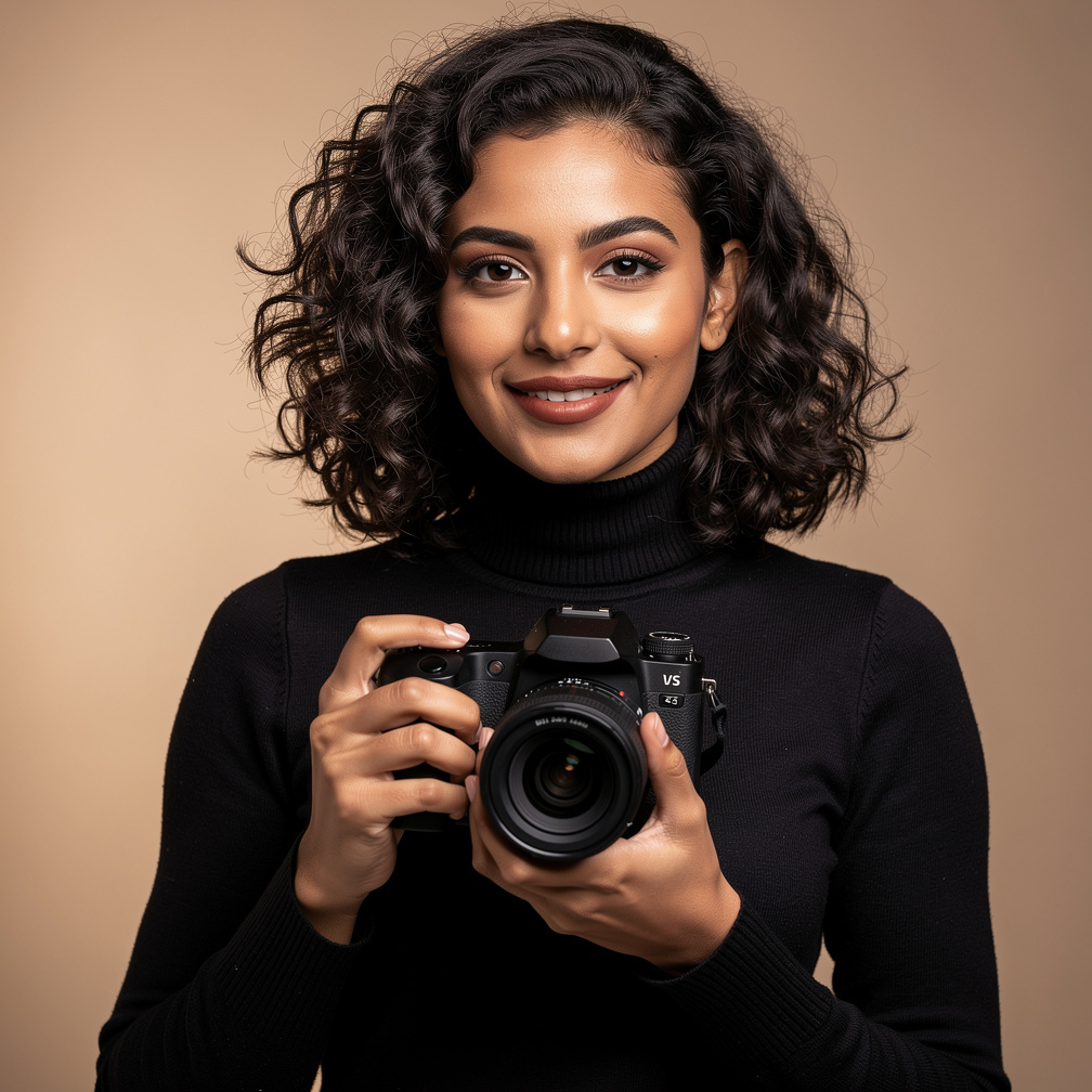 Portrait of a female camera operator holding a camera