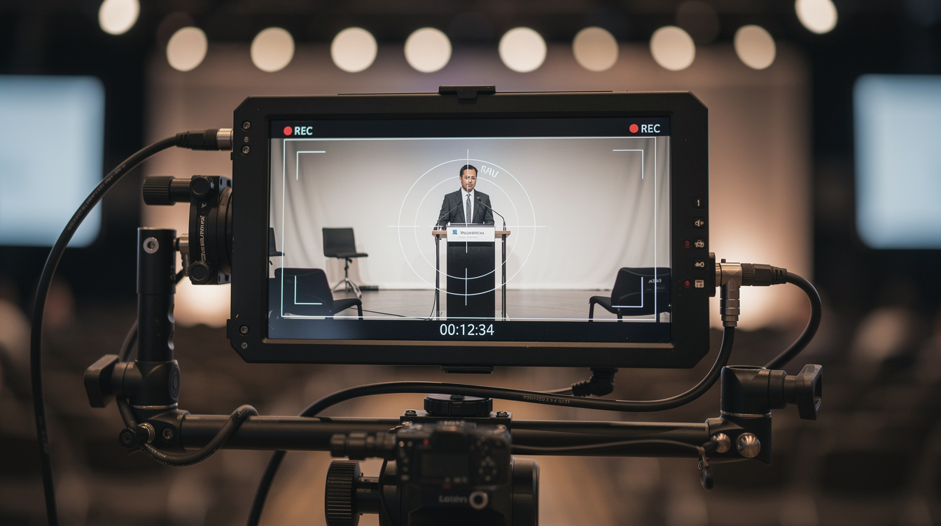 Camera viewfinder framing a speaker on stage