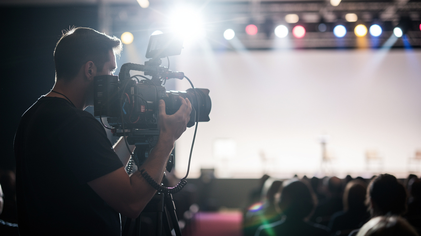 Event videographer filming a conference from the side of the stage