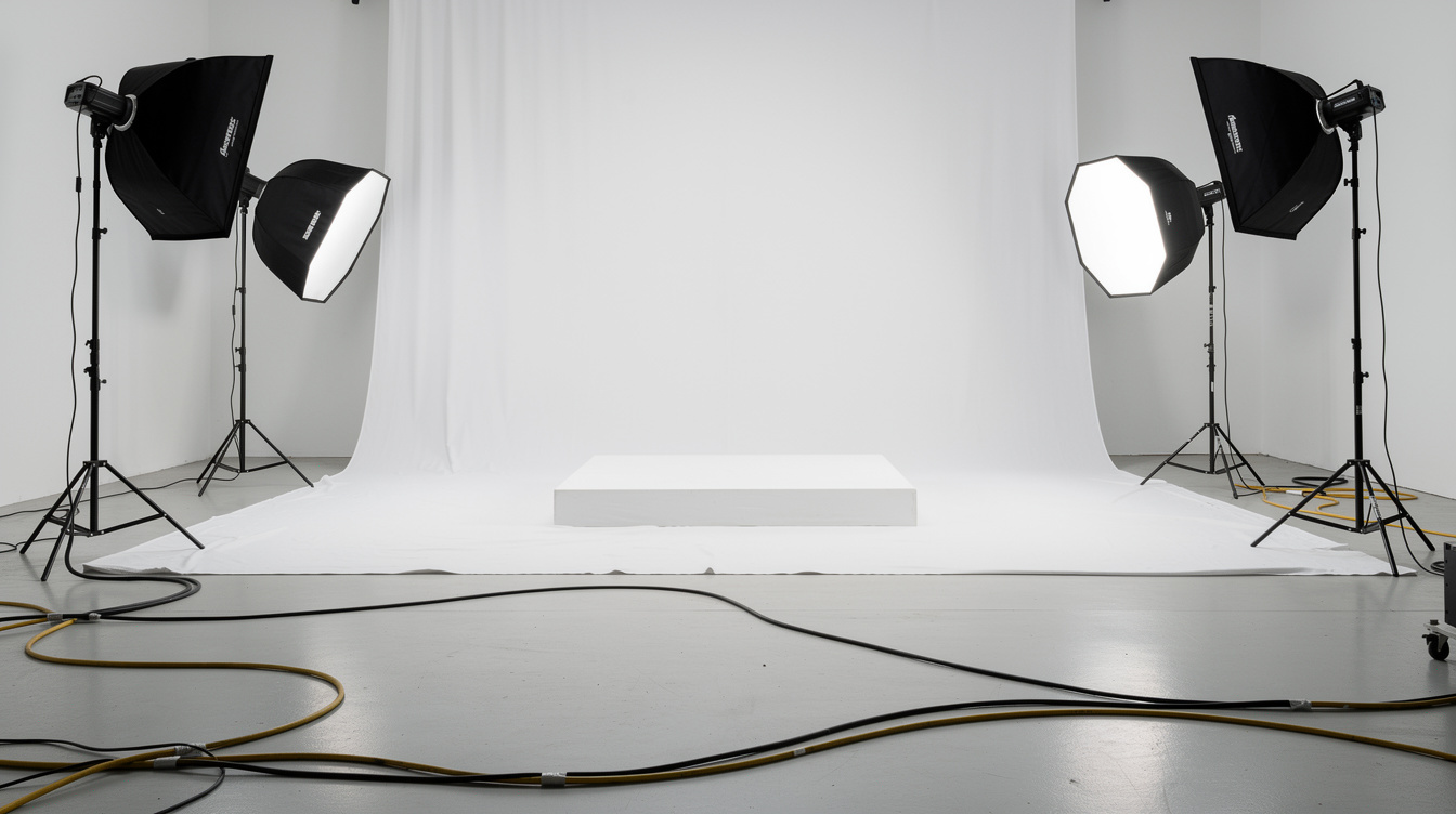 Empty bright studio set with backdrop and light stands